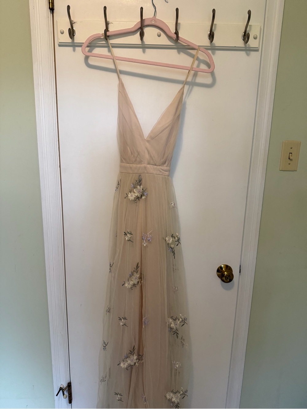 Lulu's Nude Floral Embroidered Tulle Spaghetti-Strap Maxi Dress